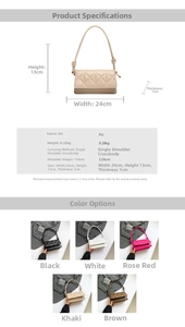 Detailed size chart and five color variants of the quilted PU leather crossbody bag
