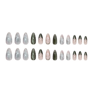Press on nails set in olive green cat eye effect with hand-painted floral designs