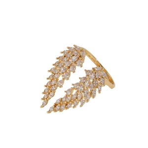 Elegant 14K gold plated feather wing open ring with sparkling zircon crystals for women