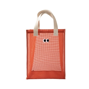 Red mesh beach tote bag with cartoon eye decor and beige canvas handles for travel