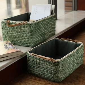 Cesta De Almacenamiento Tejida A Mano Paja De Maíz Natural Organizador De Escritorio Con Asas De Madera Cuero Forro Rural