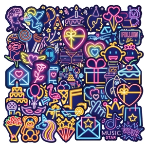 Detailed view of neon style PVC stickers featuring colorful heart, crown and music icons