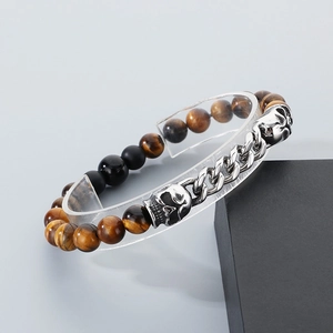 Tiger eye and obsidian beaded bracelet with silver skull charms and metal link chain