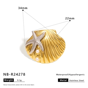 Detail showing two-tone stainless steel shell starfish brooch with pearls and size measurements