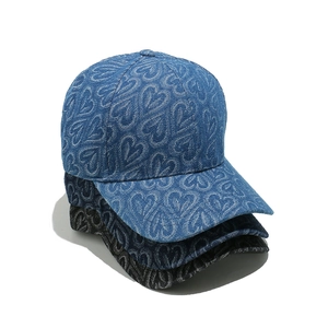 Heart Pattern Denim Cotton Baseball Cap Jacquard Heart Sun Protection Casual Adjustable Streetwear Hat For Women Men
