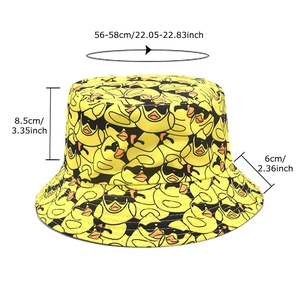 Yellow bucket hat with cartoon duck pattern and size measurements for sun protection