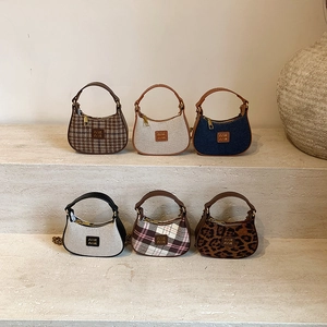 Petit Sac À Épaule Hobo Pour Filles Sac À Main Tendance Léopard Carreaux Denim Avec Chaîne Métallique Rétro Demi-lune