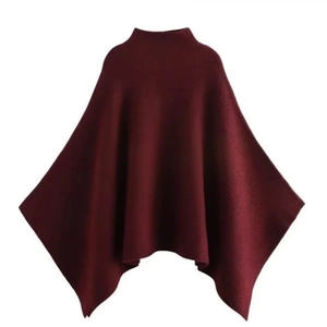 Wine red turtleneck knitted poncho with asymmetrical drape for a stylish casual look