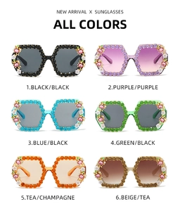 Detailed grid showing six rhinestone floral square sunglasses in multiple vivid colors