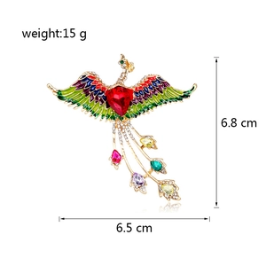 Vintage phoenix bird brooch with colorful enamel and heart red crystal, 6.8cm size