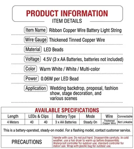 Technical specification chart for LED Christmas ribbon lights with battery power details