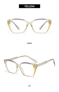 Front and 45-degree angle view of yellow anti-blue light glasses with textured temples