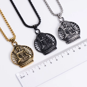 Buddhist pendant necklaces in gold, black, and silver with size measurement guide