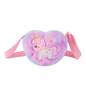 Detailed view of heart-shaped plush crossbody bag with colorful gradient and unicorn embroidery