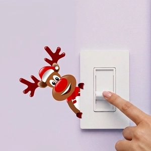 Christmas reindeer light switch sticker with Santa hat for festive wall decoration