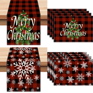 Christmas table runner and placemats set with red black plaid and snowflake patterns