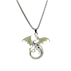 Luminous dragon pendant necklace in silver finish with glowing wings on white background