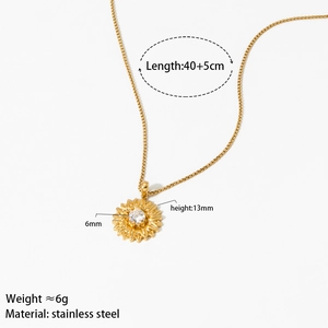 Detaillierte Ansicht der goldenen Sonnenblumen-Kette mit Maßen und Edelstahlmaterial