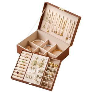 Brown multi-layer jewelry organizer box for rings, necklaces and earrings with PU leather