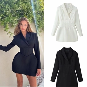 Vestido Blazer Mini De Poliéster Para Mujer Cuello En V Corsé Cintura Entallada Espalda Acordonada Elegante Manga Larga