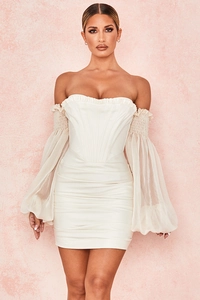 Robe Mini Moulante Épaules Dénudées Satin Taille Corset Manches Bouffantes Organza Froncée Élégante Fête Cocktail Sexy Femmes