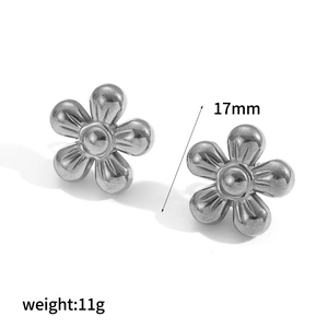 Detail view of silver floral earrings showing 17mm diameter and 11g weight specs