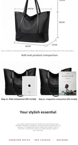 Detail view of large black tote bag showing dimensions and capacity with an iPad