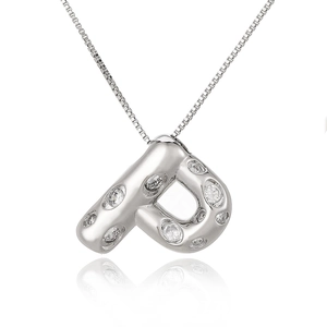 Silver letter P pendant necklace with sparkling cubic zirconia on a classic box chain
