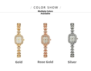Comparaison de montres à quartz rectangulaires en or, or rose et argent avec strass brillants
