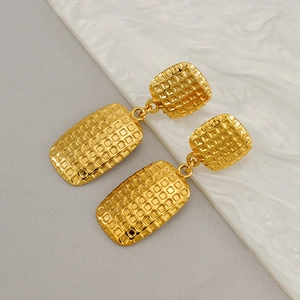 Stainless Steel Geometric Drop Earrings 18K Gold Plated Waffle Texture Grid Pattern Square Rectangle Elegant Women