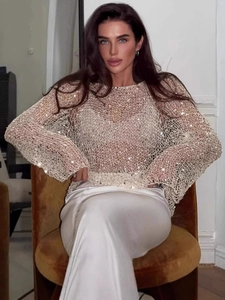 Sequin crochet knit sweater in cream white with long sleeves and hollow out mesh design