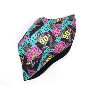 Retro 90s colorful reversible bucket hat with vintage radio patterns and letters