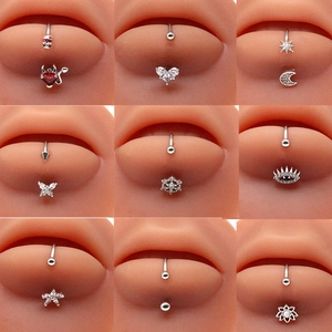 Detailed grid of silver stainless steel navel rings featuring zircon heart and moon designs