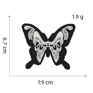 Black and white embroidered butterfly skull patch with 6.7x7.9 cm dimensions