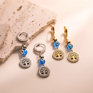 Tree Of Life Evil Eye Hoop Drop Earrings Titanium Steel Zircon Personalized Retro Bohemian Jewelry Women