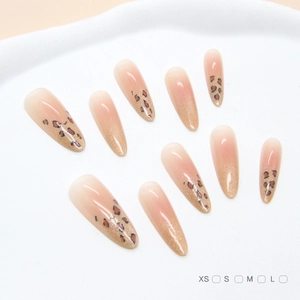 Press On Nails Almond Shape Ombre Nude Pink Leopard Print Cat Eye Glitter Glossy Long Stiletto Fake Nails For Women