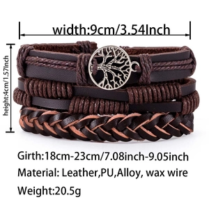 Detailed view of woven leather bracelet with silver tree of life charm and size dimensions