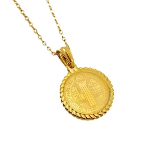 Golden Saint Benedict medal necklace in stainless steel with a round religious pendant