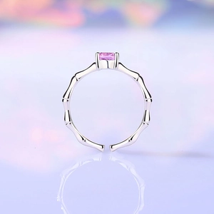 Elegant bamboo texture S925 silver ring with a square pink gemstone in an open design