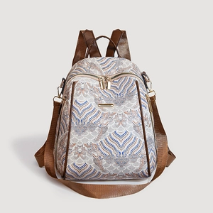 Women Fashion Backpack PU Leather Retro Wave Pattern New Chinese Style Casual Daypack For School Travel