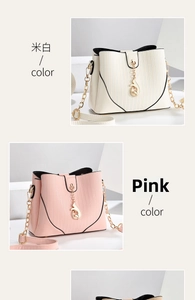 Detail view of stylish bucket bag with vertical stripe texture and metal chain accent