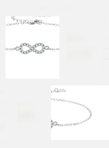 Close-up of S925 silver infinity bracelet with D color VVS1 moissanite pave setting
