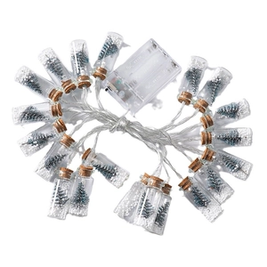 LED Christmas wishing bottle string lights with mini trees and snow in glass jars