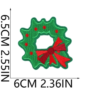 Detailed size chart for Christmas wreath embroidery patch with red bow and green threads