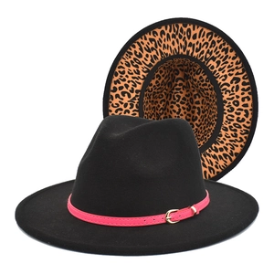 Black wool fedora with leopard print brim and pink leather band with gold buckle