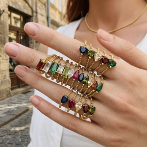 Women 18K Gold Plated Copper Adjustable Ring Beaded Band Colorful Zircon Geometric Heart Marquise Pear Shape Vintage Jewelry