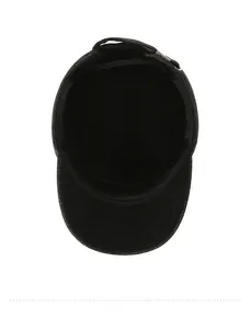 Detail of adjustable metal buckle and inner lining on a black wool flat top military cap