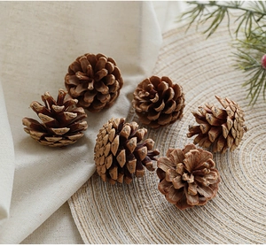 Detail of natural brown pine cones on beige linen and straw mat for Christmas decor