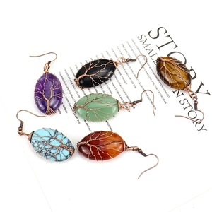 Handmade wire-wrapped tree of life earrings with natural crystal stones in multiple colors