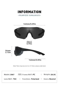 Detailed size specifications and dimensions for polarized sports sunglasses model 3067